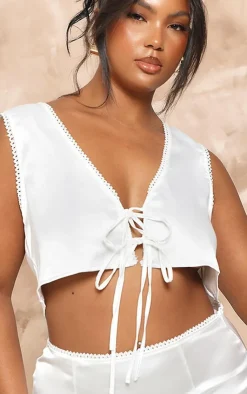 Outlet PrettyLittleThing Plus Ivory Satin Tie Front V Neck Top Mocha