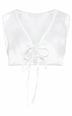 Outlet PrettyLittleThing Plus Ivory Satin Tie Front V Neck Top Mocha