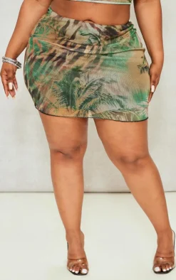 Discount PrettyLittleThing Plus Animal Printed Lettuce Hem Mesh Bodycon Skirt Khaki