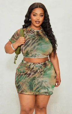 Discount PrettyLittleThing Plus Animal Printed Lettuce Hem Mesh Bodycon Skirt Khaki