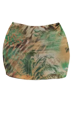 Discount PrettyLittleThing Plus Animal Printed Lettuce Hem Mesh Bodycon Skirt Khaki