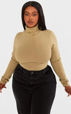 Plus Khaki Cotton High Neck Long Sleeved Bodysuit