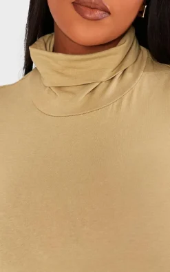 Plus Khaki Cotton High Neck Long Sleeved Bodysuit