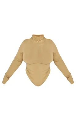 Plus Khaki Cotton High Neck Long Sleeved Bodysuit