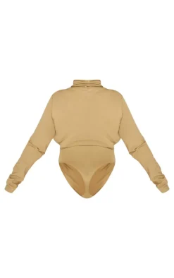 Plus Khaki Cotton High Neck Long Sleeved Bodysuit