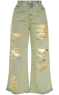 Plus Khaki Distressed Washed Denim Jeans