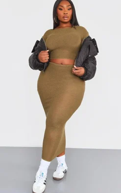 Discount PrettyLittleThing Plus Knitted Maxi Skirt Khaki
