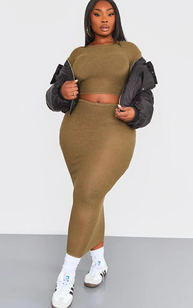 Discount PrettyLittleThing Plus Knitted Maxi Skirt Khaki