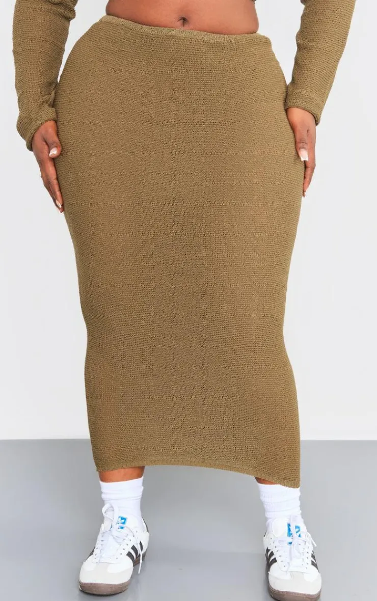 Discount PrettyLittleThing Plus Knitted Maxi Skirt Khaki