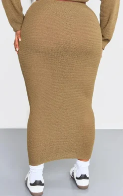 Discount PrettyLittleThing Plus Knitted Maxi Skirt Khaki