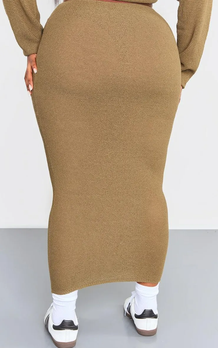 Discount PrettyLittleThing Plus Knitted Maxi Skirt Khaki