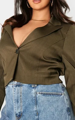 Plus Khaki Patch Pocket Cropped Detail Boxy Blazer