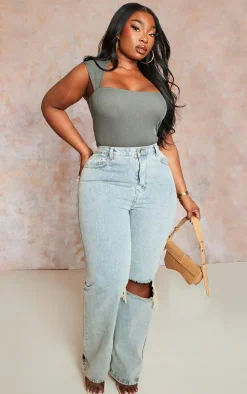 Plus Khaki Rib Cut Out Bodysuit