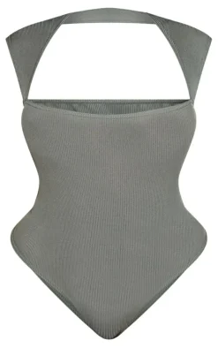 Plus Khaki Rib Cut Out Bodysuit