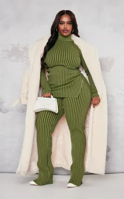 Discount PrettyLittleThing Plus Rib Knitted Pants Khaki