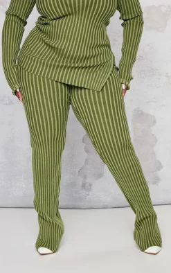 Discount PrettyLittleThing Plus Rib Knitted Pants Khaki