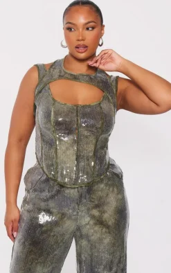 Clearance PrettyLittleThing Plus Sequin Cut Out Neckline Detail Corset Khaki