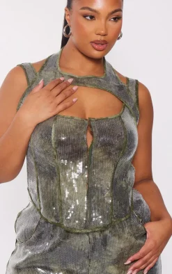 Clearance PrettyLittleThing Plus Sequin Cut Out Neckline Detail Corset Khaki
