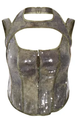 Clearance PrettyLittleThing Plus Sequin Cut Out Neckline Detail Corset Khaki