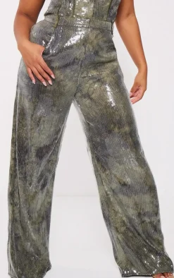 New PrettyLittleThing Plus Sequin Wide Leg Pants Khaki