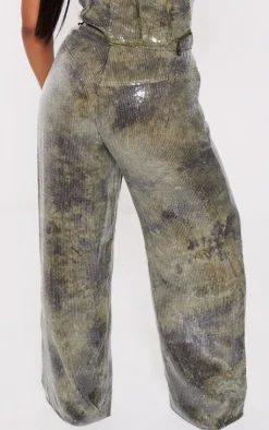 New PrettyLittleThing Plus Sequin Wide Leg Pants Khaki
