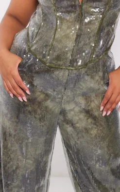 New PrettyLittleThing Plus Sequin Wide Leg Pants Khaki