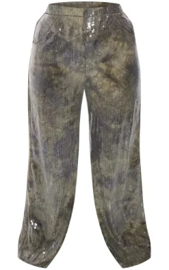 New PrettyLittleThing Plus Sequin Wide Leg Pants Khaki