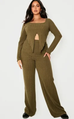 New PrettyLittleThing Plus Soft Touch Ribbed Flares Khaki