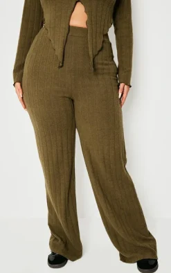 New PrettyLittleThing Plus Soft Touch Ribbed Flares Khaki