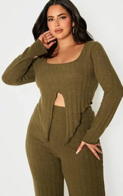 New PrettyLittleThing Plus Soft Touch Ribbed Long Sleeve Top Khaki