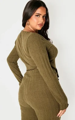 New PrettyLittleThing Plus Soft Touch Ribbed Long Sleeve Top Khaki