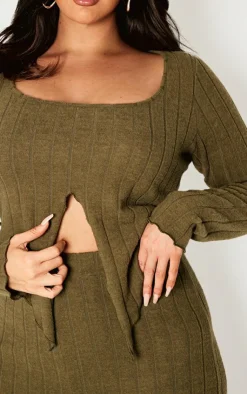 New PrettyLittleThing Plus Soft Touch Ribbed Long Sleeve Top Khaki