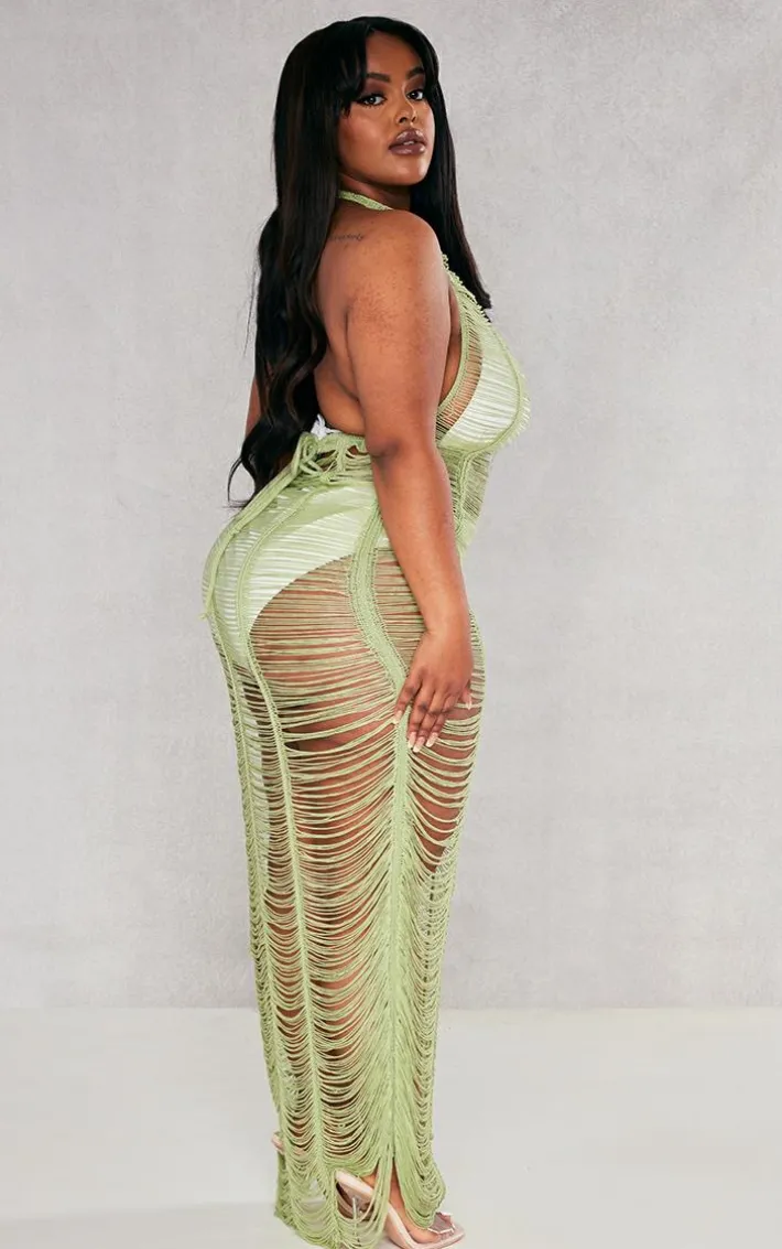 Plus Khaki Tassel Knit Beach Dress