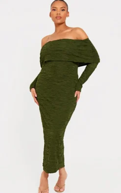 Plus Khaki Textured Fold Over Bardot Midi Dress-PrettyLittleThing Sale