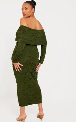Plus Khaki Textured Fold Over Bardot Midi Dress-PrettyLittleThing Sale
