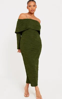 Plus Khaki Textured Fold Over Bardot Midi Dress-PrettyLittleThing Sale