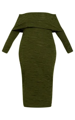 Plus Khaki Textured Fold Over Bardot Midi Dress-PrettyLittleThing Sale