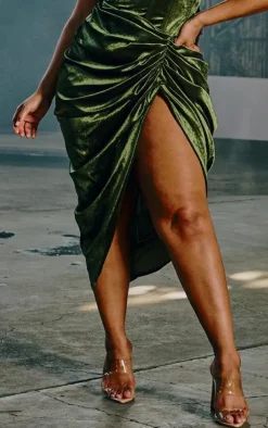Online PrettyLittleThing Plus Khaki Velvet Ruched Side Midi Skirt Emerald Green