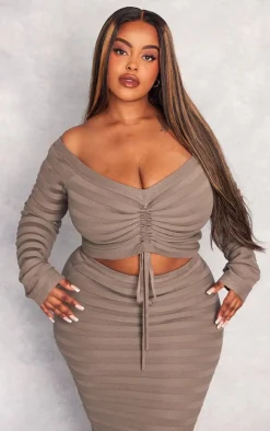 PrettyLittleThing Knitted Tops*Plus Wide Rib Knit Ruched Front Top