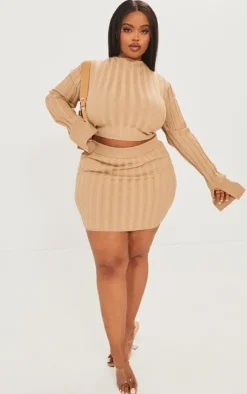 New PrettyLittleThing Plus Wide Rib Knit Mini Skirt Latte