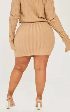 New PrettyLittleThing Plus Wide Rib Knit Mini Skirt Latte