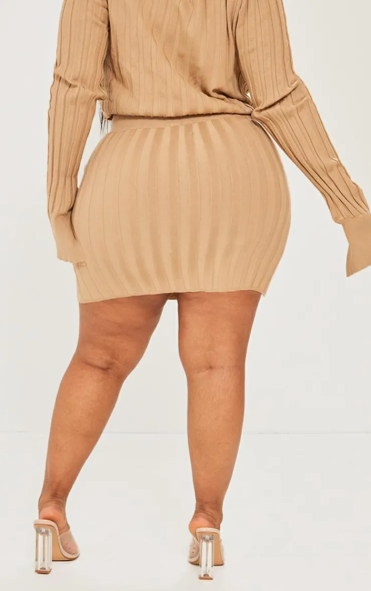 New PrettyLittleThing Plus Wide Rib Knit Mini Skirt Latte