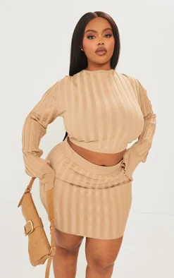 New PrettyLittleThing Plus Wide Rib Knit Mini Skirt Latte
