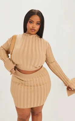 Discount PrettyLittleThing Plus Wide Rib Knit Long Sleeve Top Latte