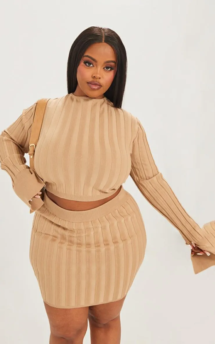 Discount PrettyLittleThing Plus Wide Rib Knit Long Sleeve Top Latte