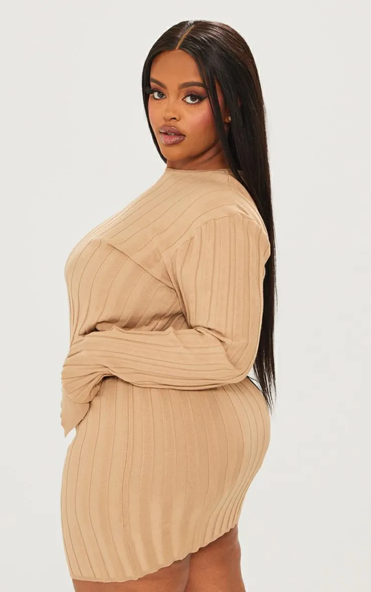 Discount PrettyLittleThing Plus Wide Rib Knit Long Sleeve Top Latte
