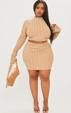 Discount PrettyLittleThing Plus Wide Rib Knit Long Sleeve Top Latte