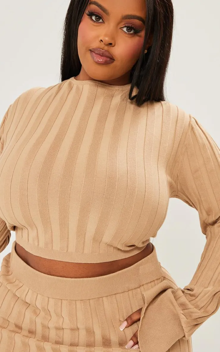 Discount PrettyLittleThing Plus Wide Rib Knit Long Sleeve Top Latte