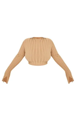 Discount PrettyLittleThing Plus Wide Rib Knit Long Sleeve Top Latte