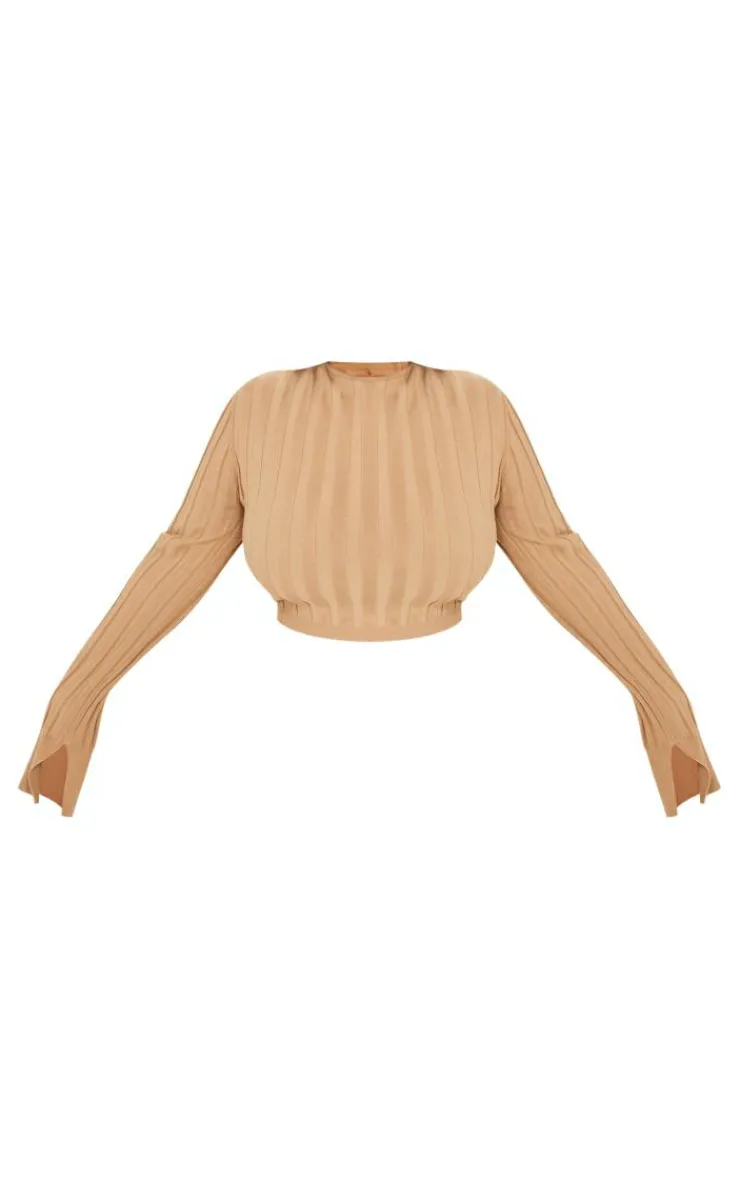 Discount PrettyLittleThing Plus Wide Rib Knit Long Sleeve Top Latte